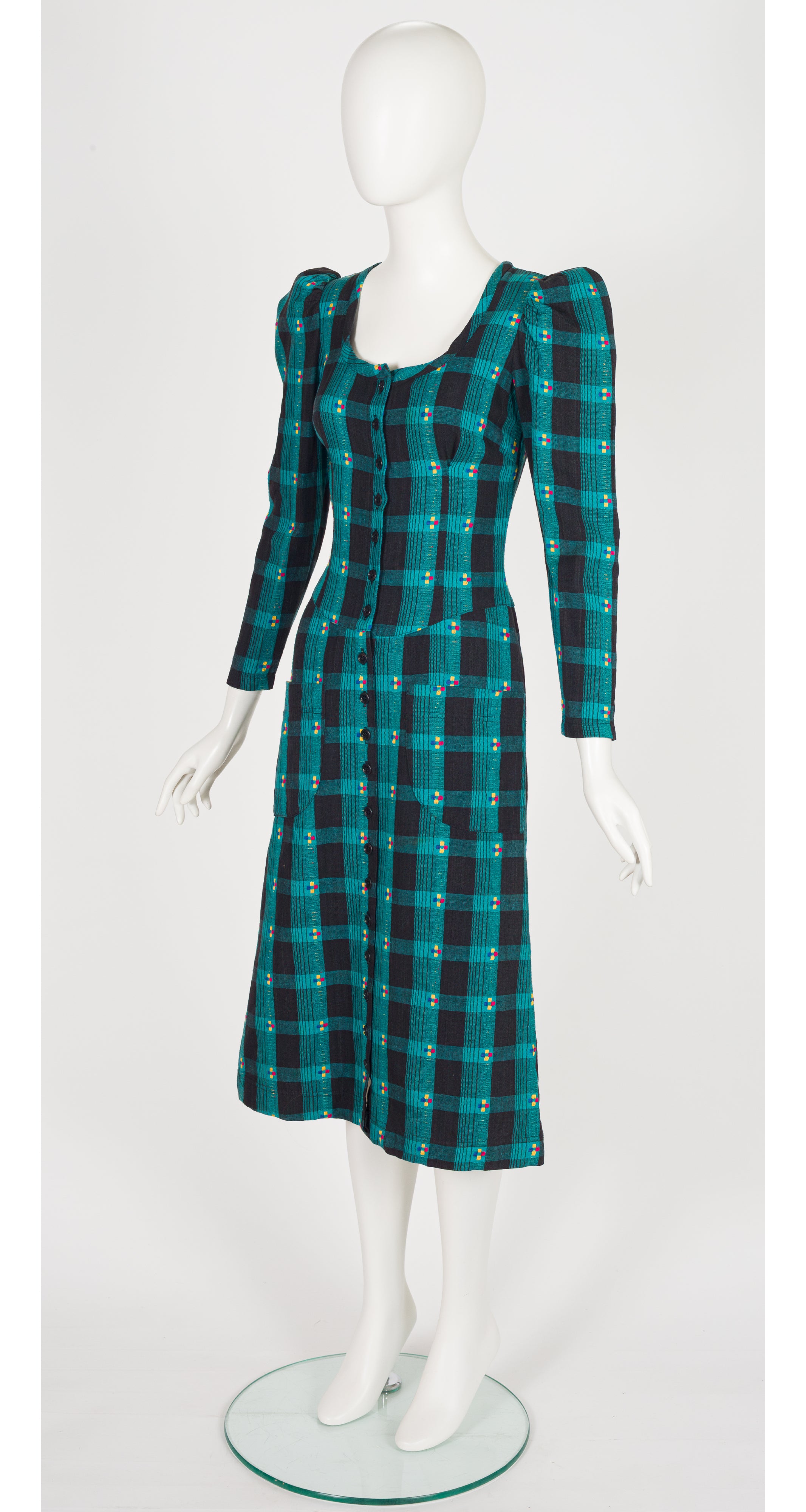 1971 S/S Teal Plaid Cotton Puff Shoulder Midi Dress