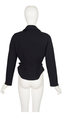 1990s Black Wool Gabardine Zip-Up Moto Jacket
