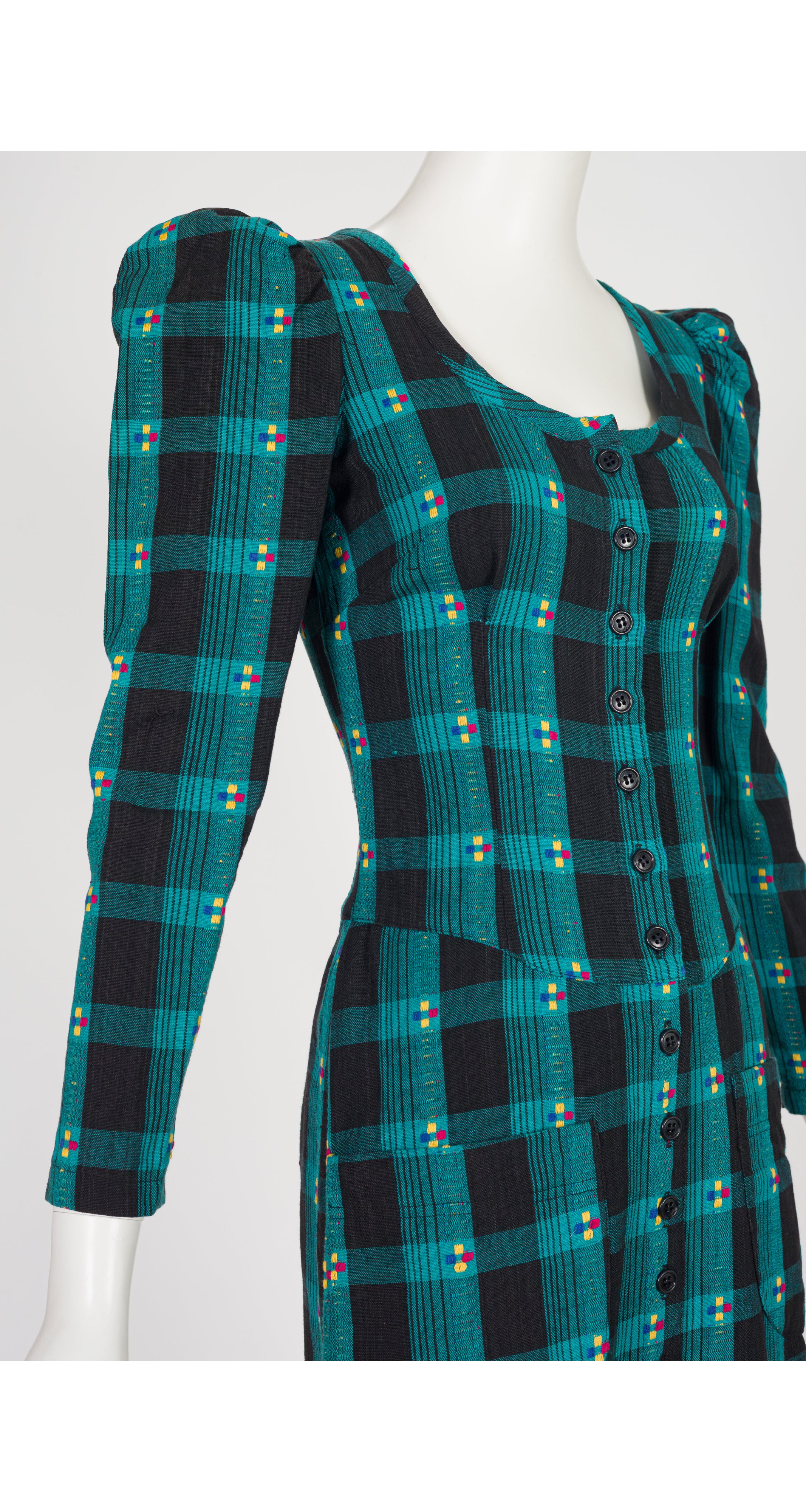 1971 S/S Teal Plaid Cotton Puff Shoulder Midi Dress