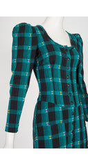 1971 S/S Teal Plaid Cotton Puff Shoulder Midi Dress