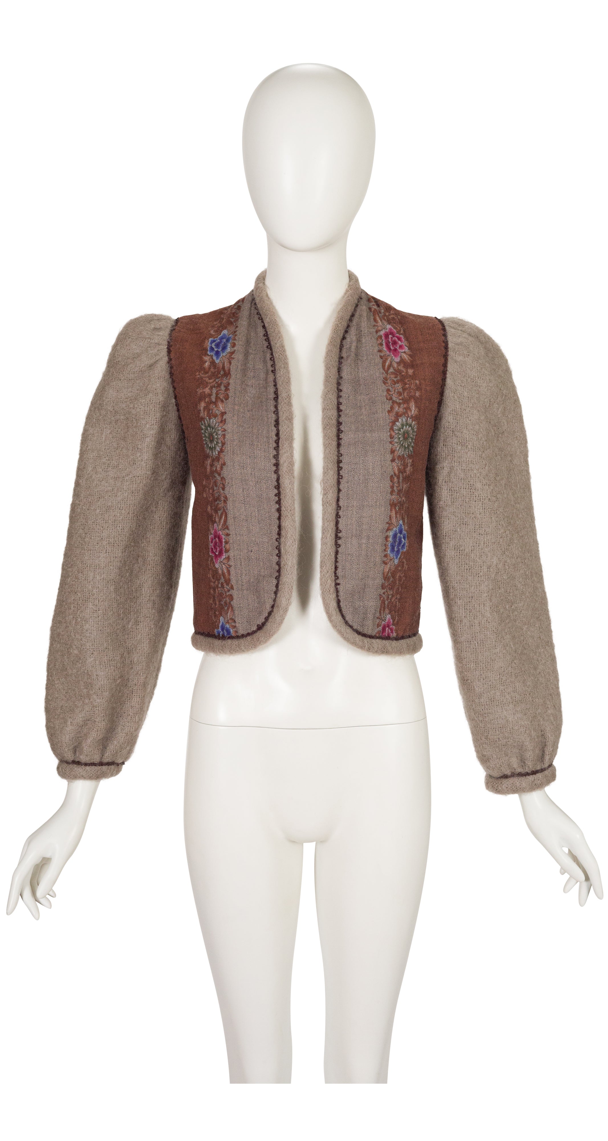 1980s Floral Print Wool Puff Sleeve Cropped Jacket