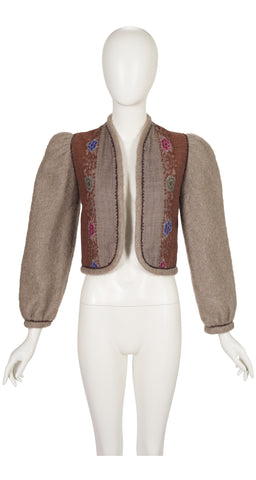 1980s Floral Print Wool Puff Sleeve Cropped Jacket