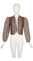 1980s Floral Print Wool Puff Sleeve Cropped Jacket
