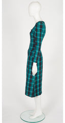 1971 S/S Teal Plaid Cotton Puff Shoulder Midi Dress