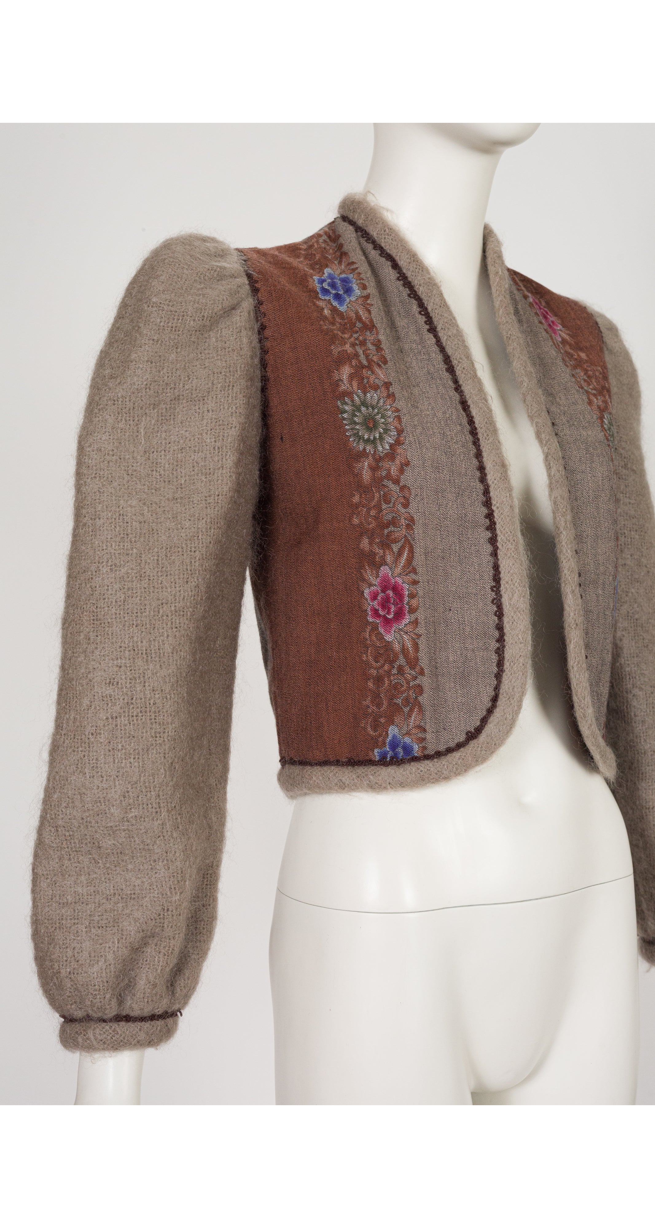 1980s Floral Print Wool Puff Sleeve Cropped Jacket