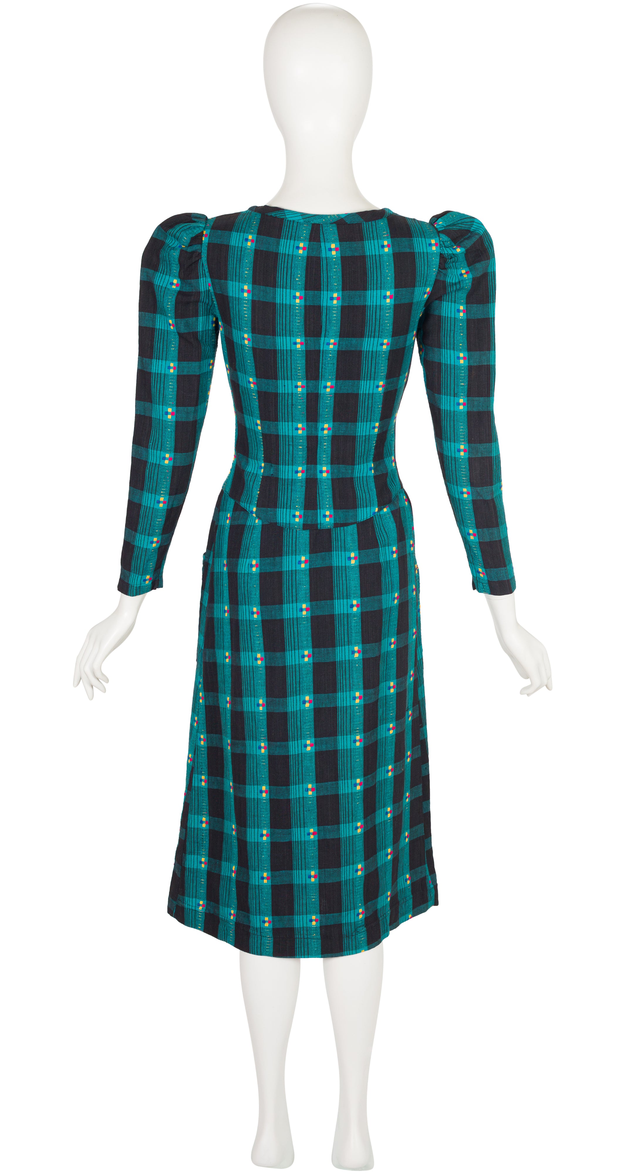 1971 S/S Teal Plaid Cotton Puff Shoulder Midi Dress