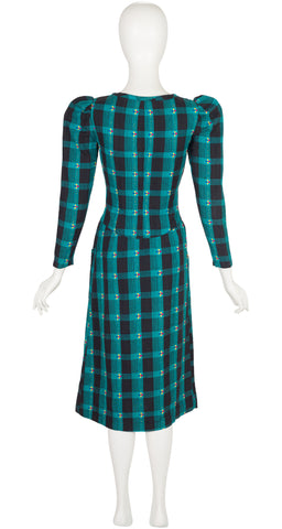 1971 S/S Teal Plaid Cotton Puff Shoulder Midi Dress