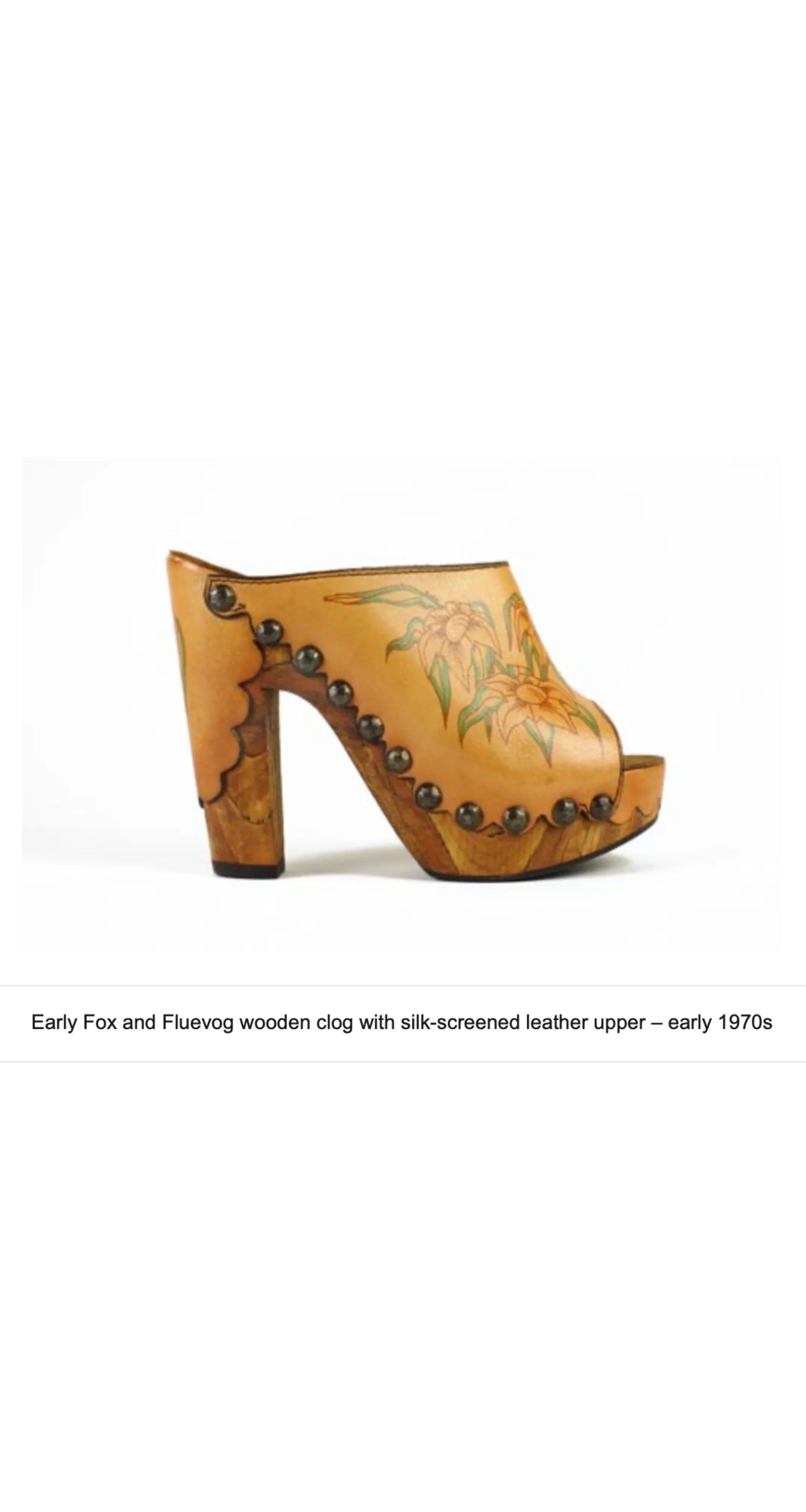 1970s Floral Studded Leather Wooden Platform Clogs