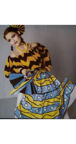 1980 S/S Printed Blue & Yellow Silk Organza Ruffle Top