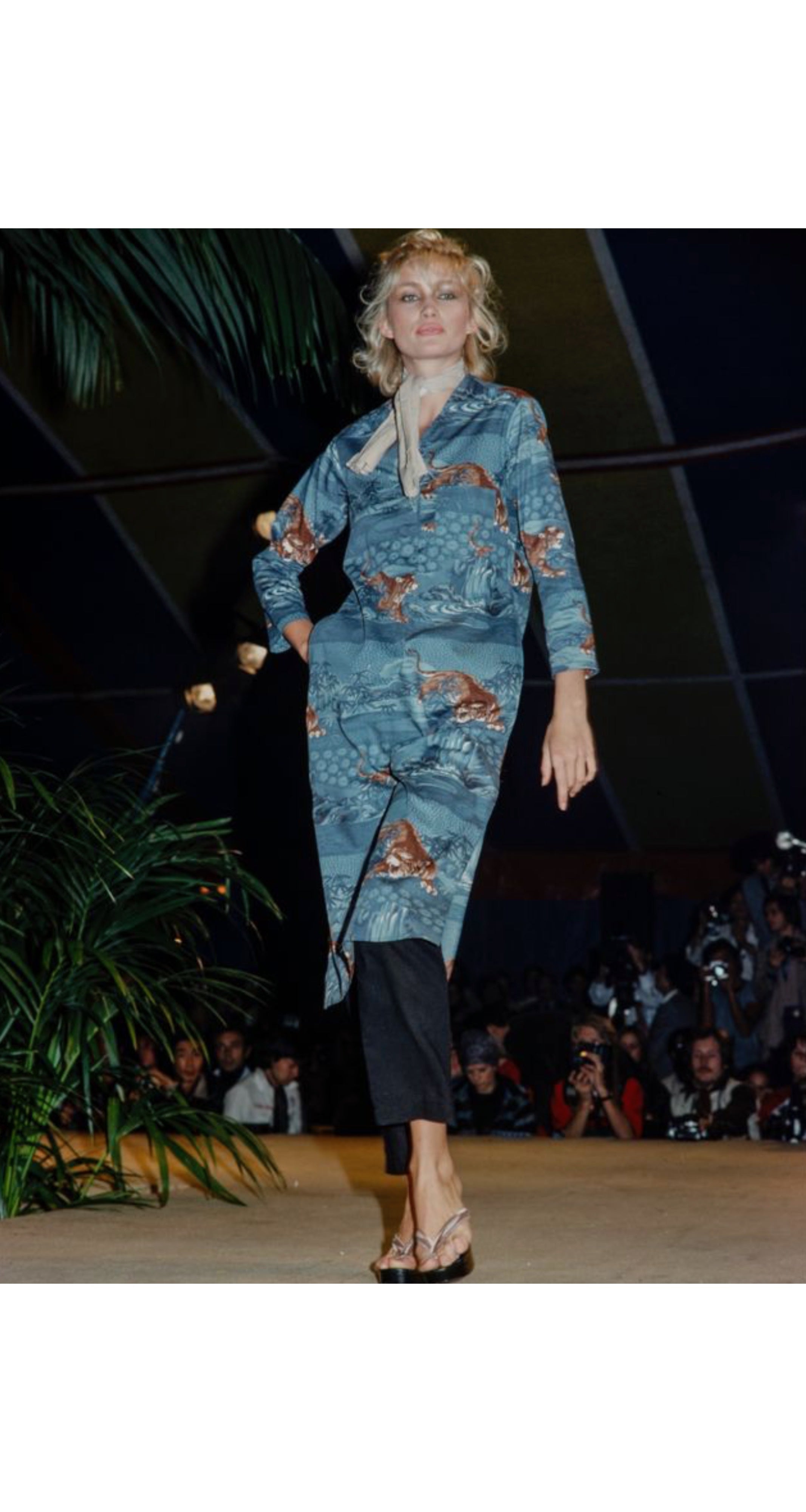 1976 S/S Tiger Print Slate Blue Cotton Tunic Dress