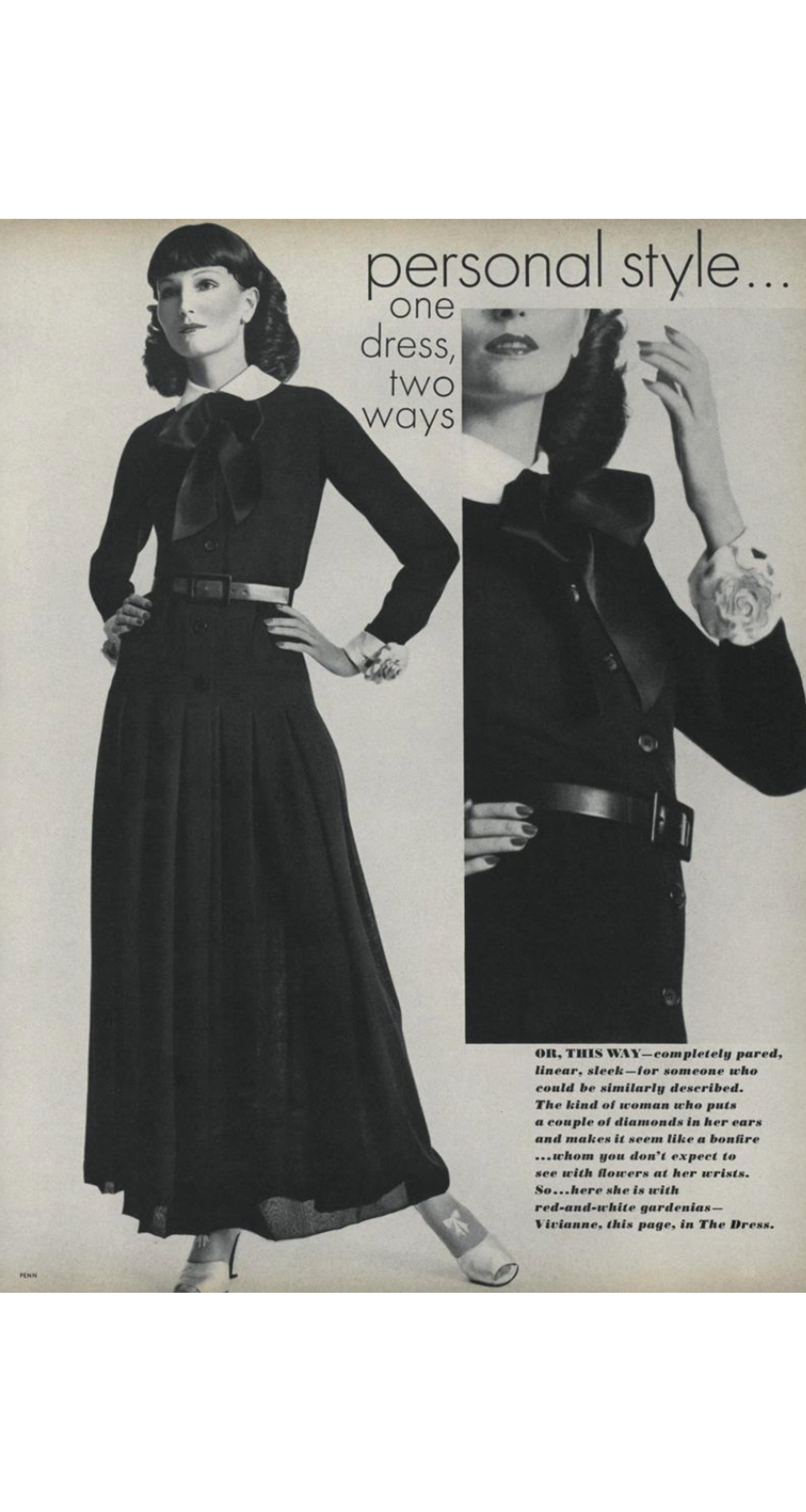 1972 Navy Silk Chiffon Collared Tuxedo Dress
