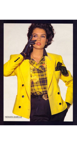 1988 Ad Campaign Floral Yellow Plaid Silk Collared Blouse