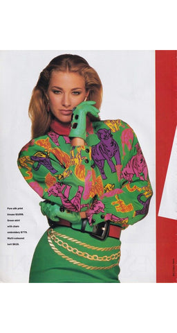 1990s Pop Art Tiger Print Lime Green Silk Blouse
