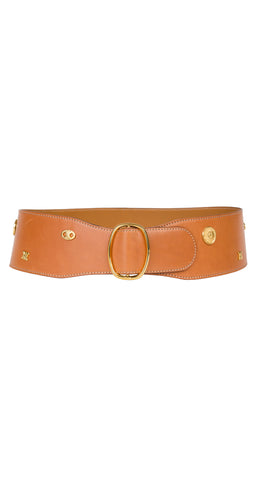 1990s Gold Charm Tan Leather Wide Waist Belt