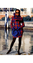 1992 F/W Blue & Red Plaid Silk Taffeta Tie-Neck Blouse