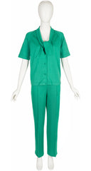 1960s Kelly Green Knit Tie-Neck Three-Piece Outfit