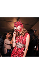 2012 S/S Geometric Print Red Silk Heart Lace Inset Dress
