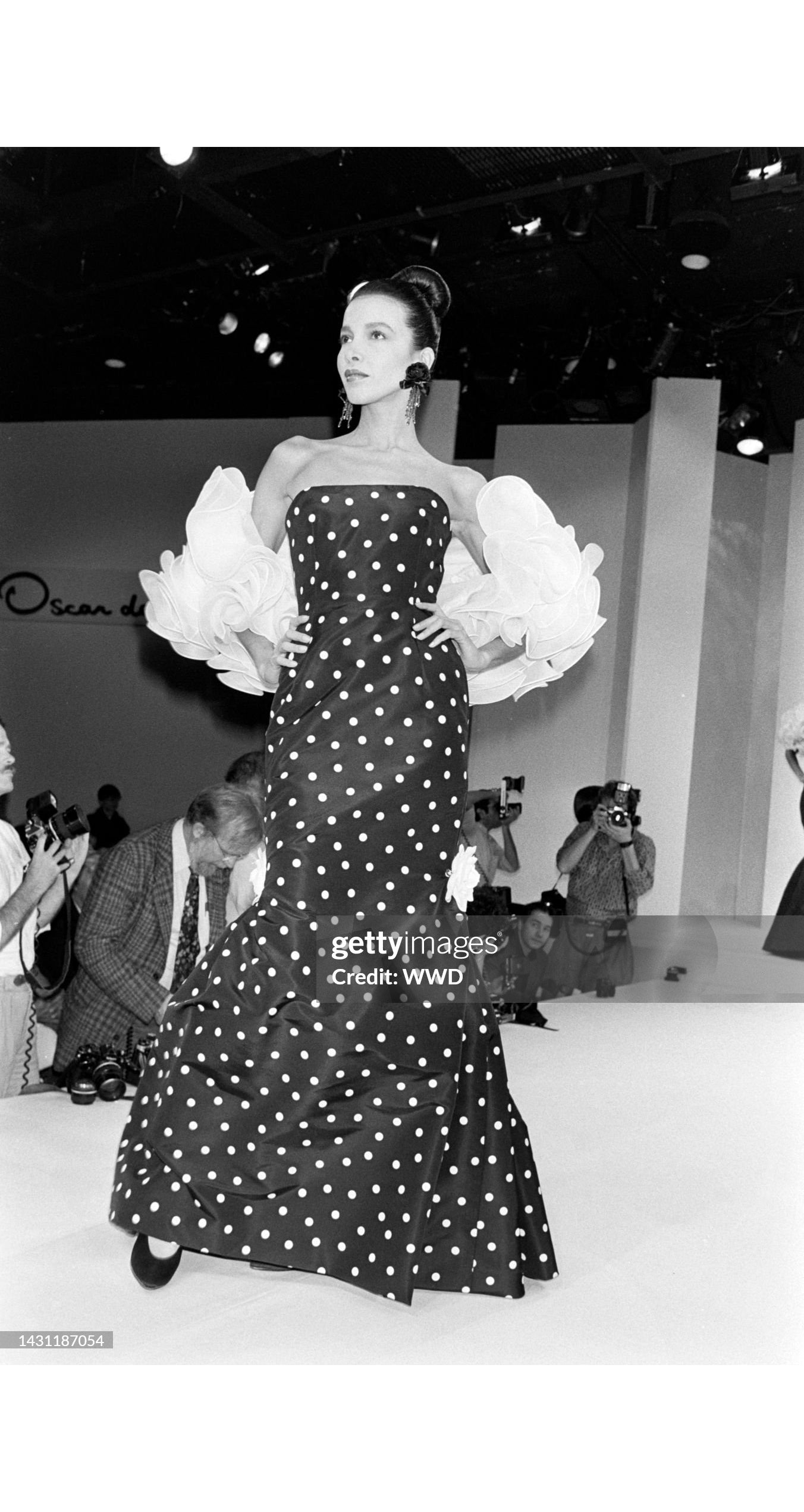 1980s Black & White Polka Dot Strapless Mermaid Gown
