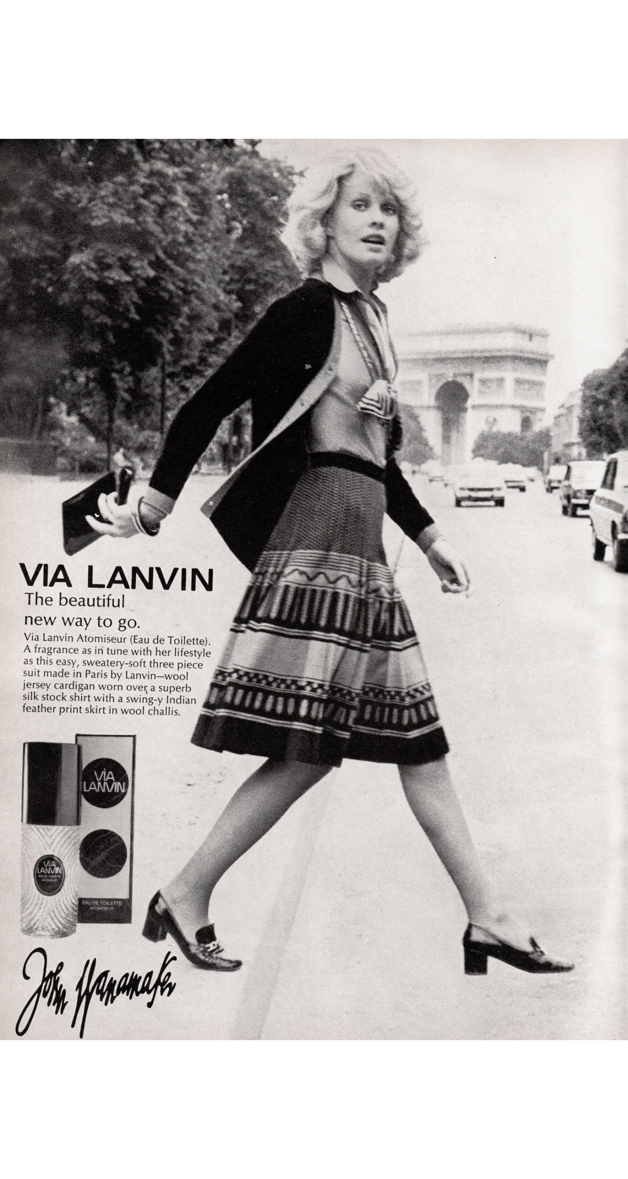 1973-74 F/W Feather Geometric Print Black Wool Jersey Pleated Skirt
