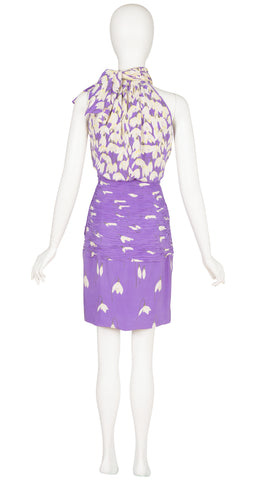 1985 S/S Snowdrop Print Purple Silk Cocktail Dress