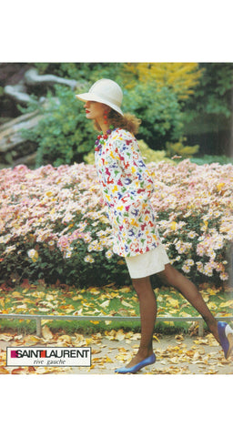 1982 S/S Zodiac Sign Print Black Silk Tie-Neck Blouse