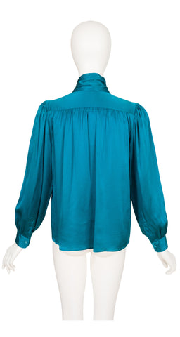 1980s Teal Silk Tie-Neck Long Sleeve Blouse