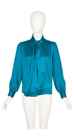 1980s Teal Silk Tie-Neck Long Sleeve Blouse
