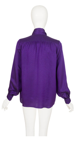 1980s Purple Dotted Silk Jacquard Tie-Neck Blouse