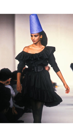 1988 S/S Black Poplin Cotton Ruffle Collar Top