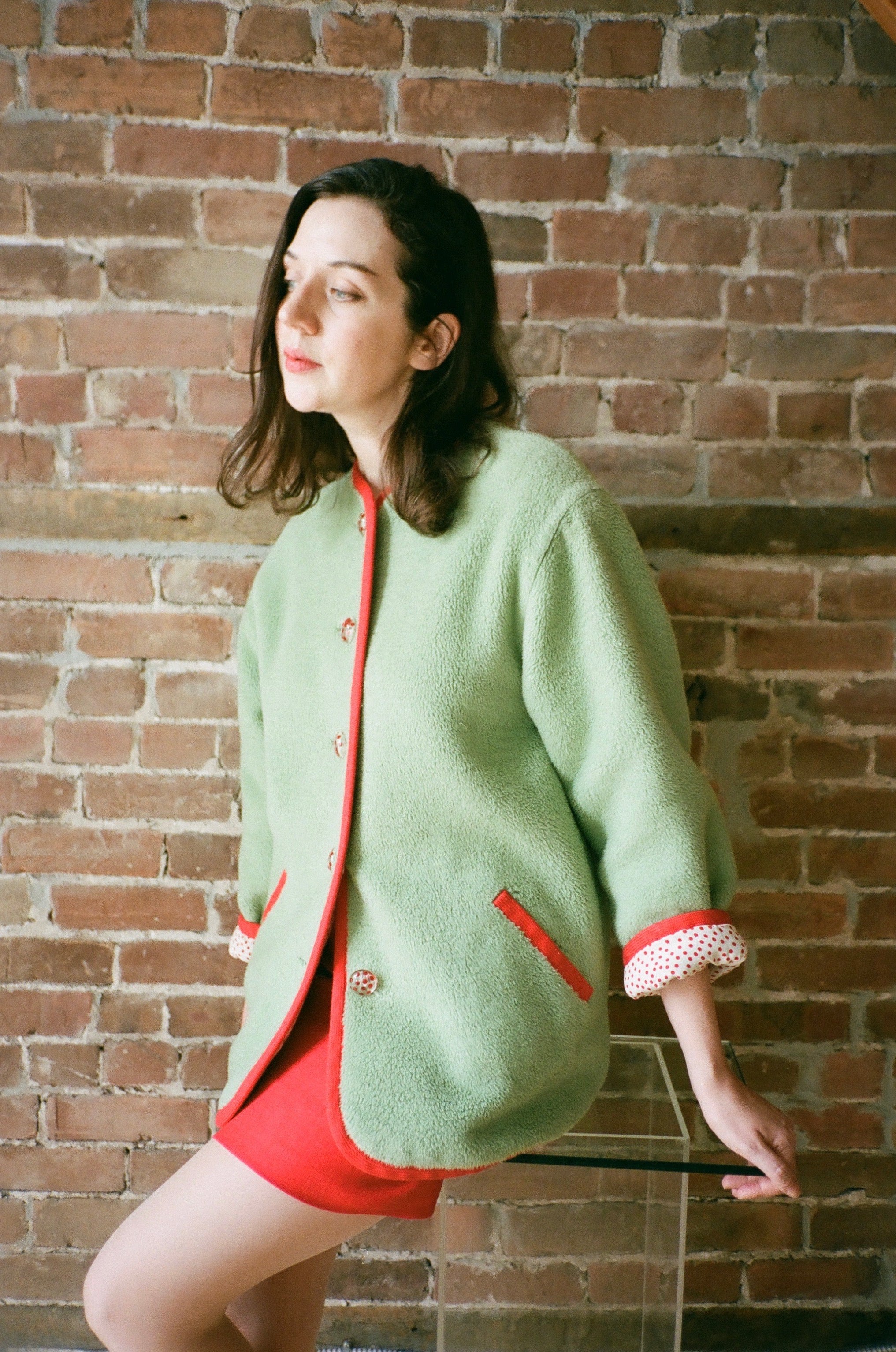 1990s Green & Red Teddy Coat Skirt Set