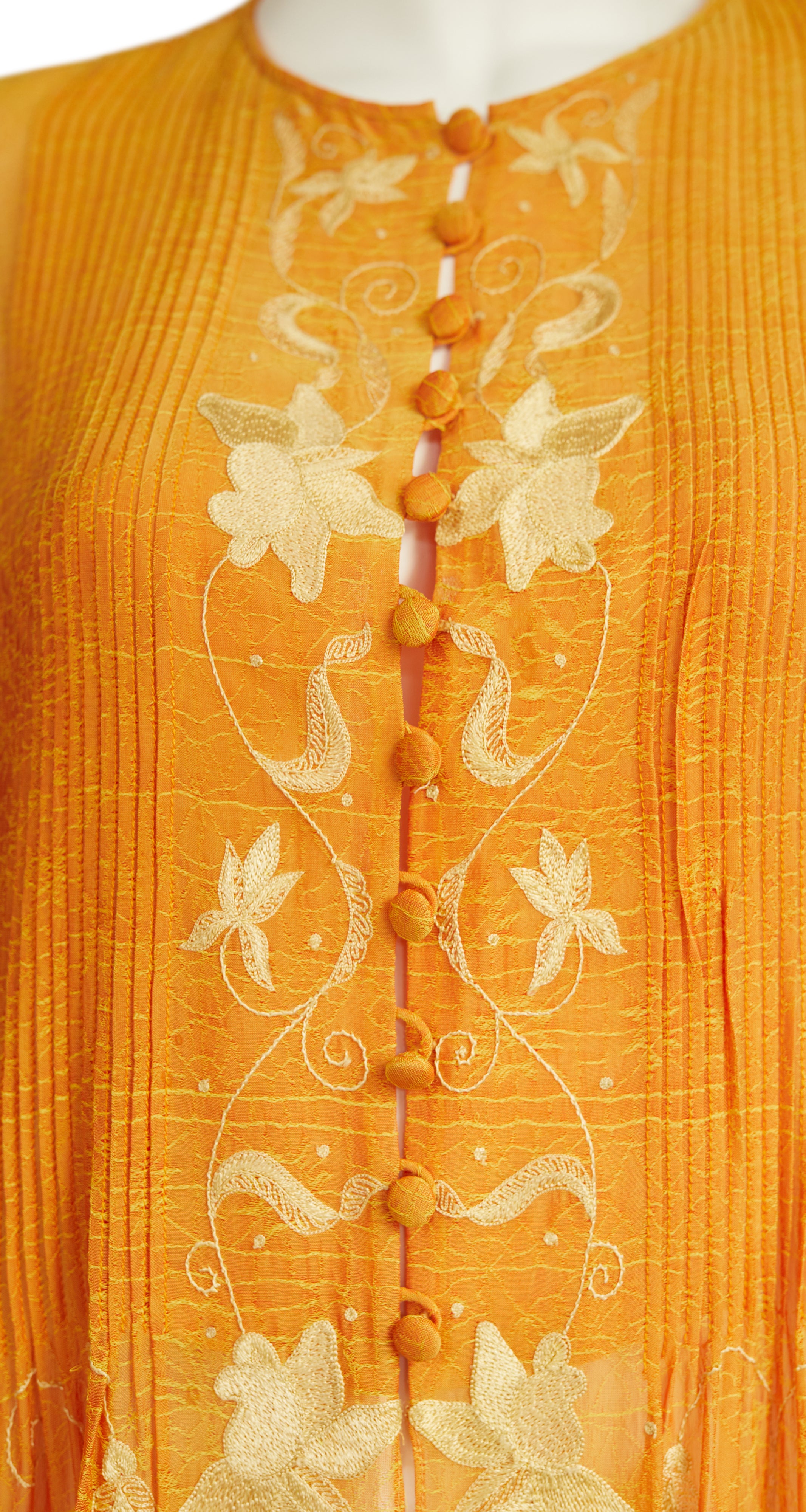 1970s Embroidered Orange Chiffon Caftan