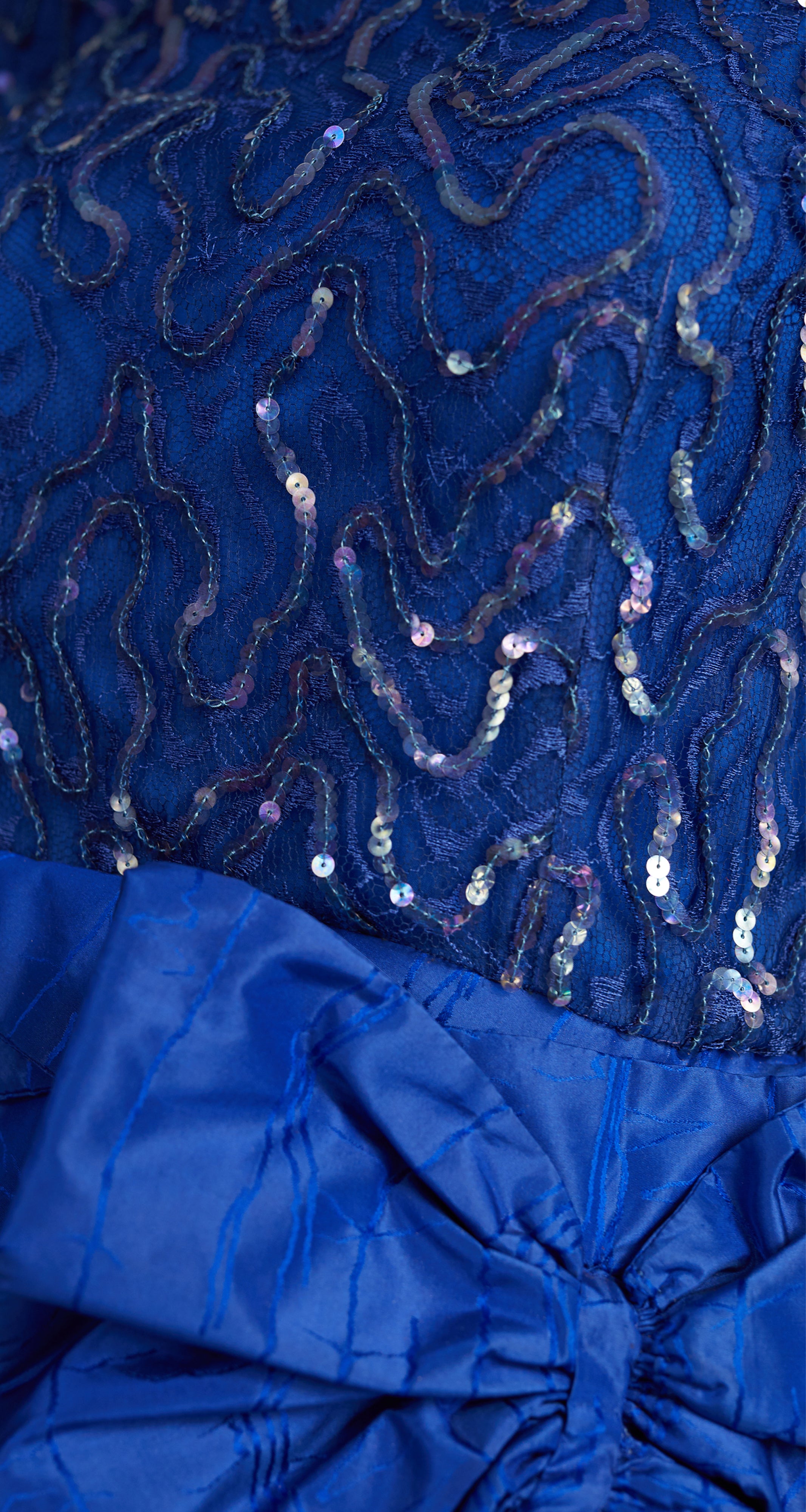 1980s Blue Sequin & Silk Taffeta Bow Cocktail Dress