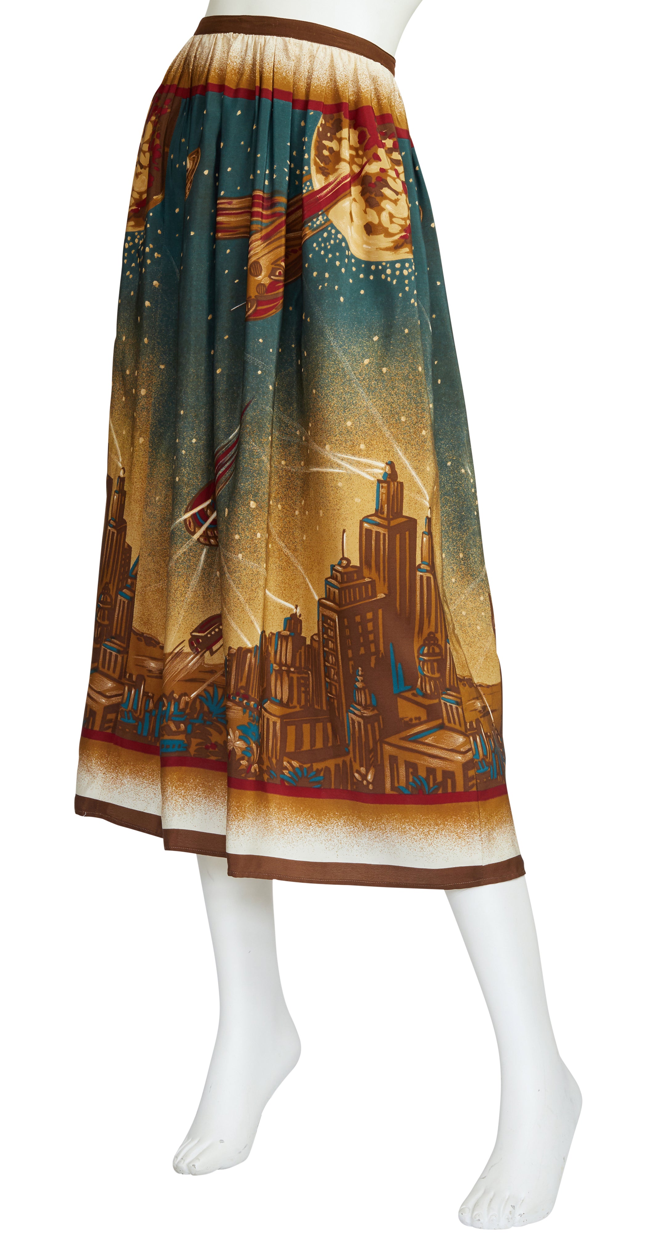 1980s "Metropolis" Futuristic Novelty Print Silk Midi Skirt