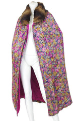 1920s Floral Silk Lamé & Pink Velvet Fur Collar Opera Cape
