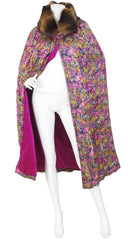 1920s Floral Silk Lamé & Pink Velvet Fur Collar Opera Cape
