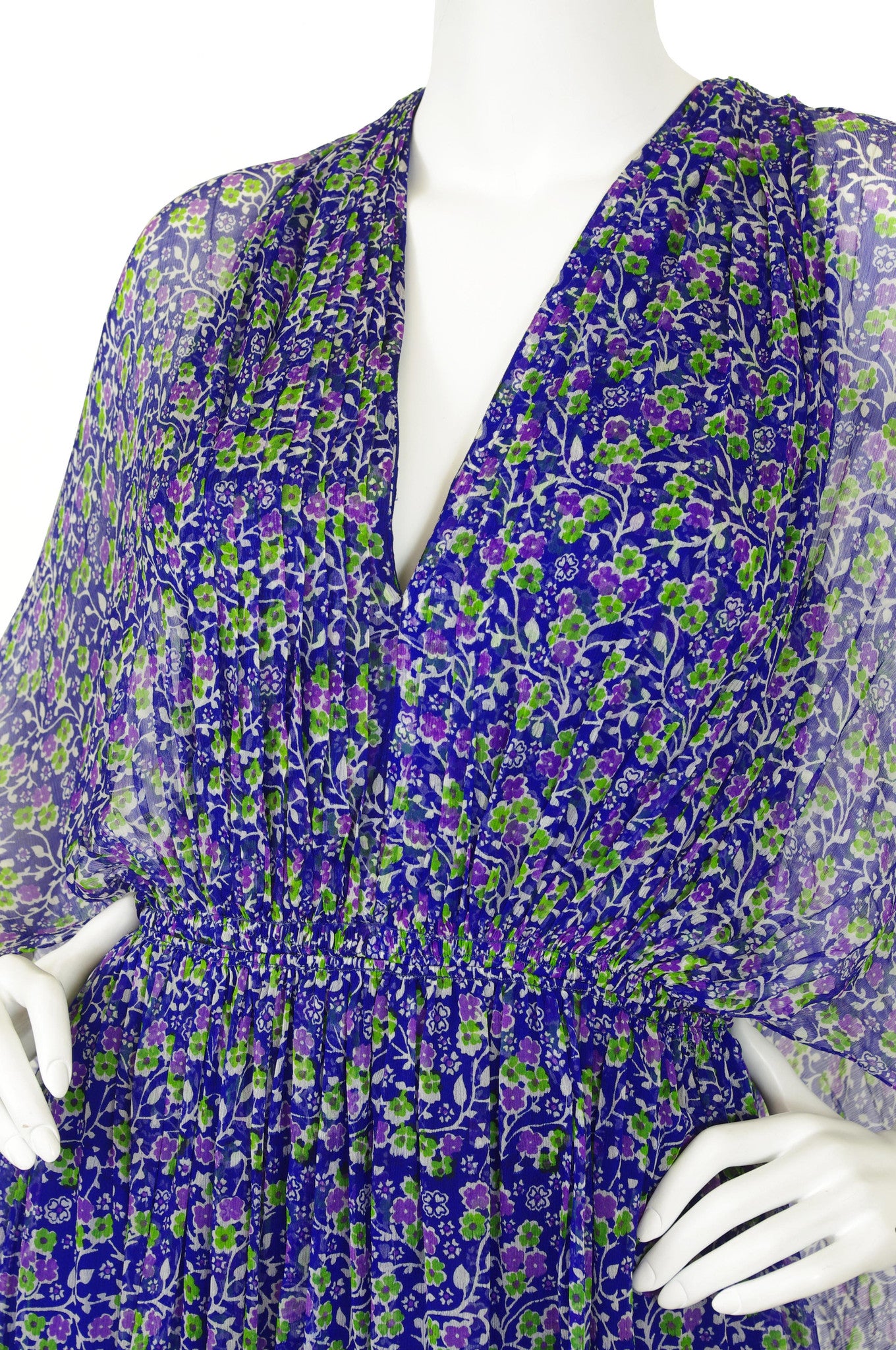 1970s Blue Floral Silk Chiffon Caftan Maxi Dress