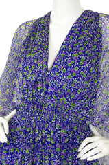1970s Blue Floral Silk Chiffon Caftan Maxi Dress