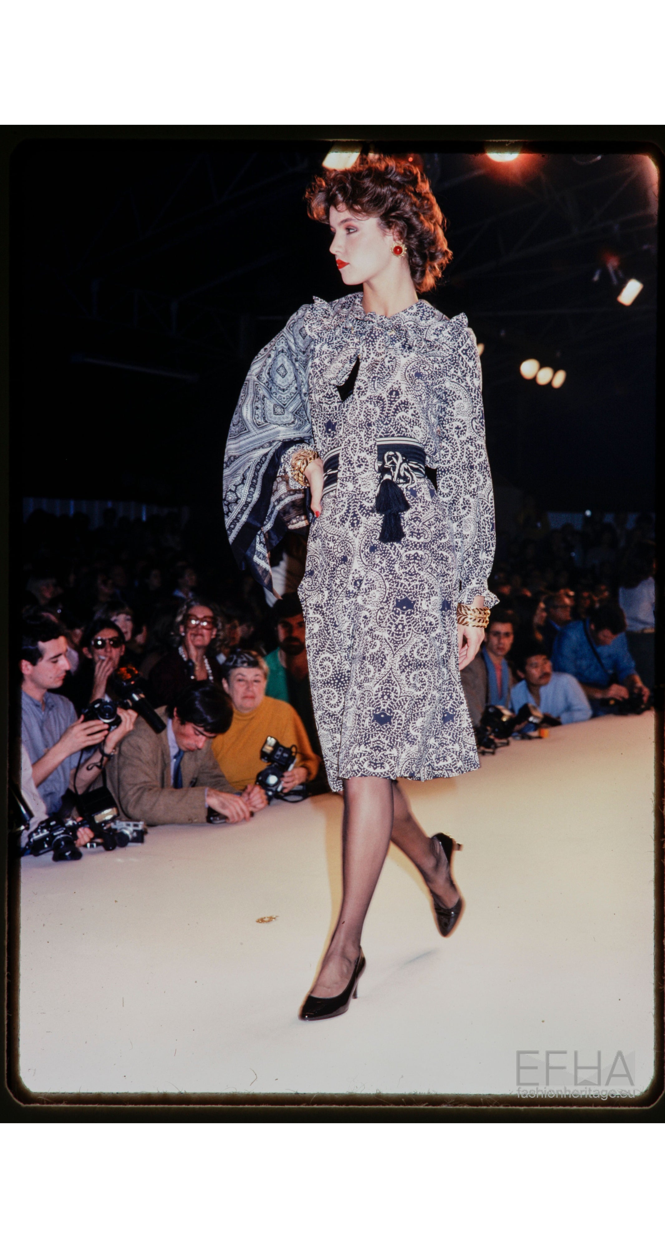 1981 S/S Printed Silk Ruffle Blouse & Pleated Skirt Set