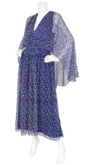 1970s Blue Floral Silk Chiffon Caftan Maxi Dress