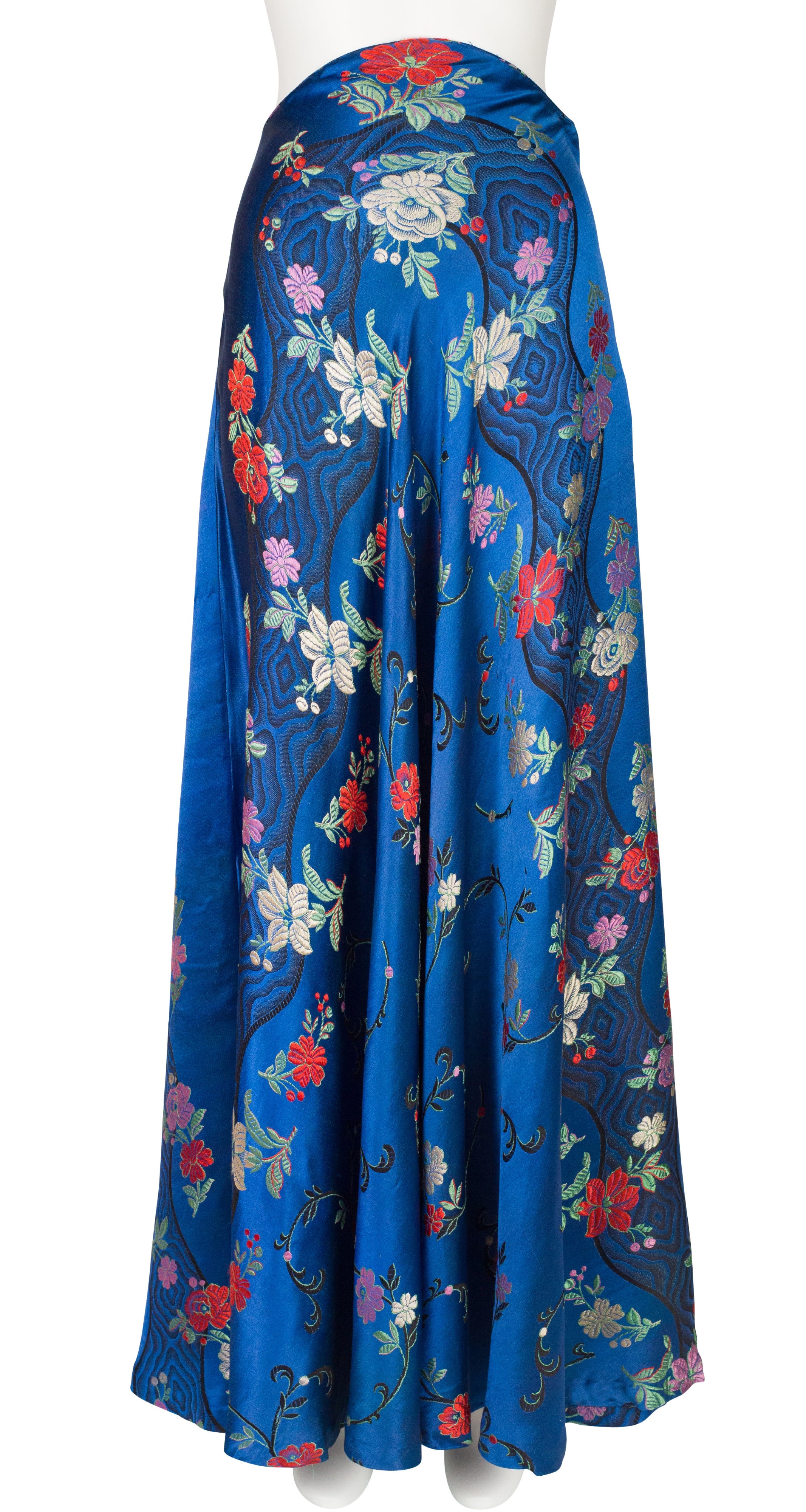 1940s Floral Brocade Blue Silk High-Waisted Maxi Skirt