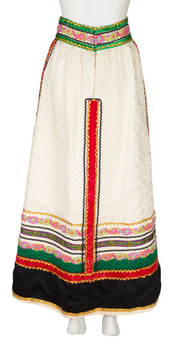 1970s Velvet Ribbon & Floral Appliqué Brocade Maxi Skirt