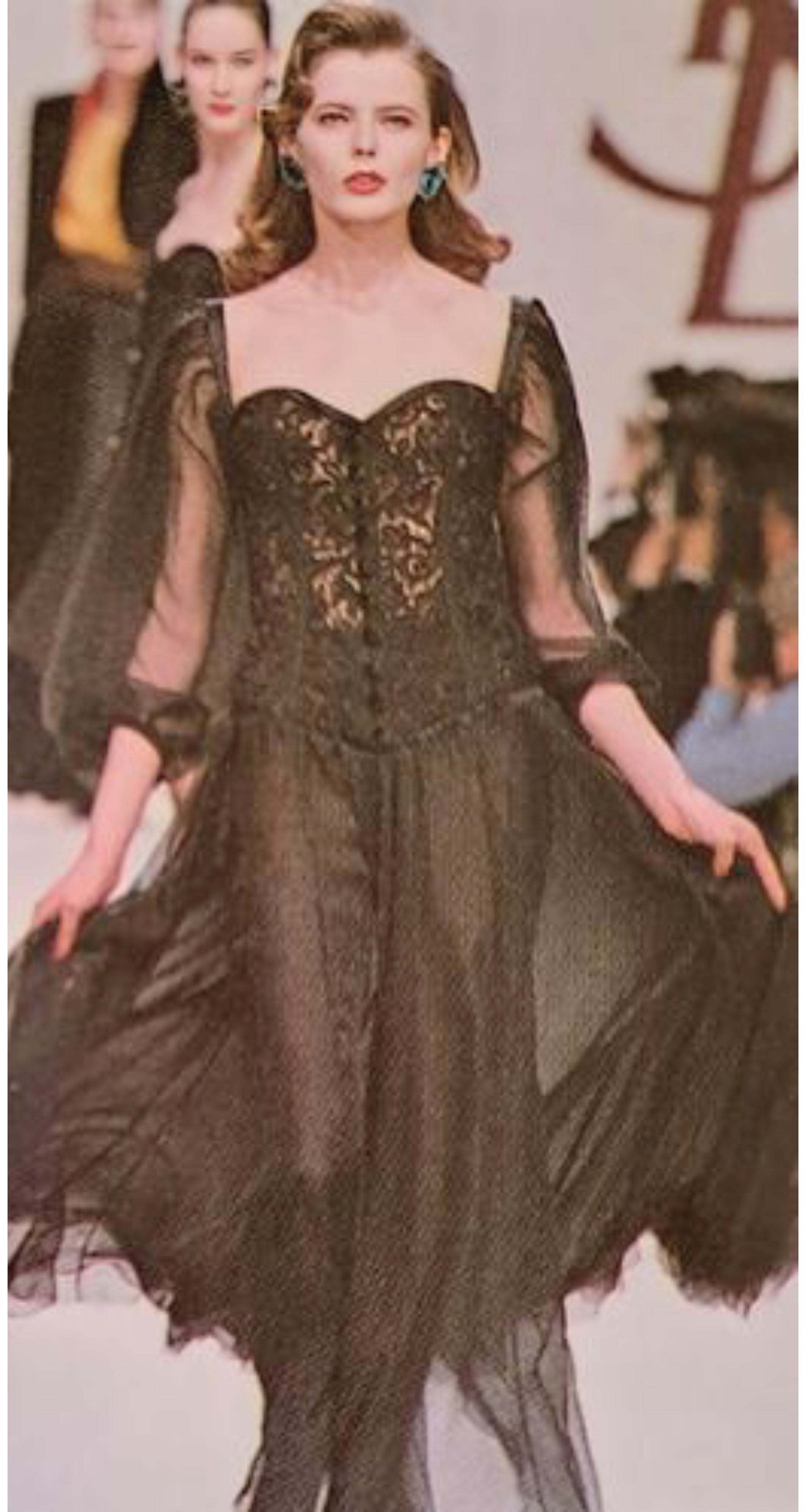 Yves Saint Laurent 1988-89 F/W Black Lace Bustier Silk Chiffon Evening Gown  – Featherstone Vintage