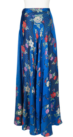 1940s Floral Brocade Blue Silk High-Waisted Maxi Skirt