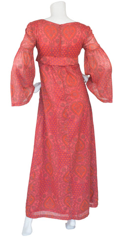 1970s French Pink Cotton Empire Waist Maxi Dress