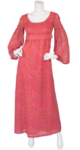 1970s French Pink Cotton Empire Waist Maxi Dress