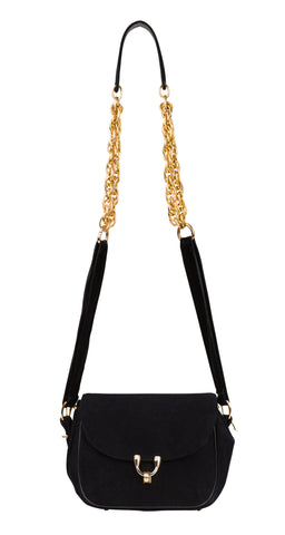 1960s Black Suede Ribbon & Chain Strap Crossbody Bag