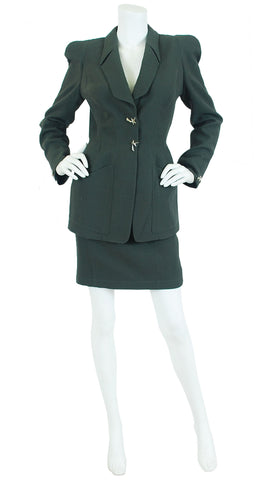 1990s Shooting Star Olive Wool Skirt Suit