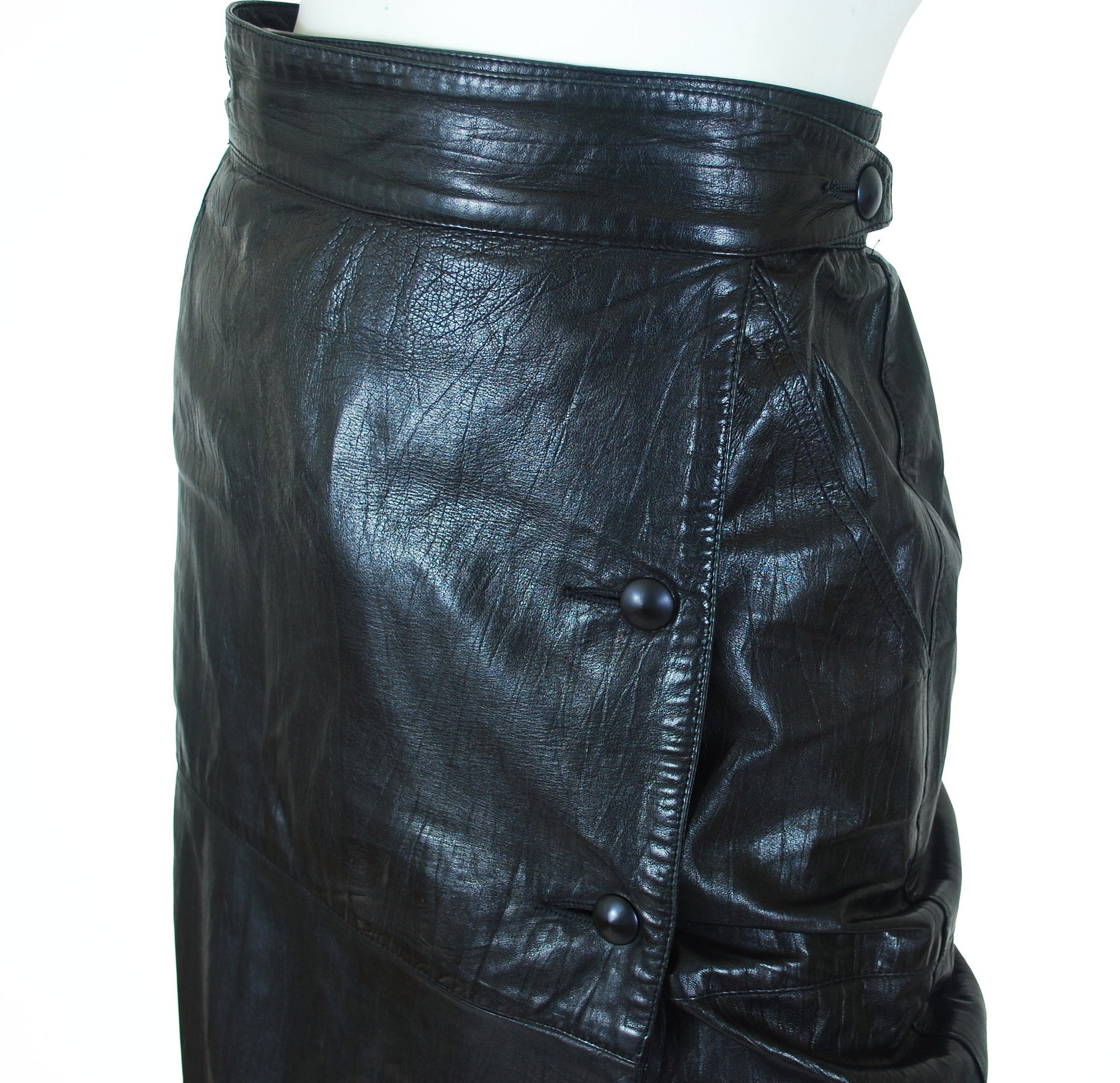 1980s Black Leather Cowhide Wrap Skirt