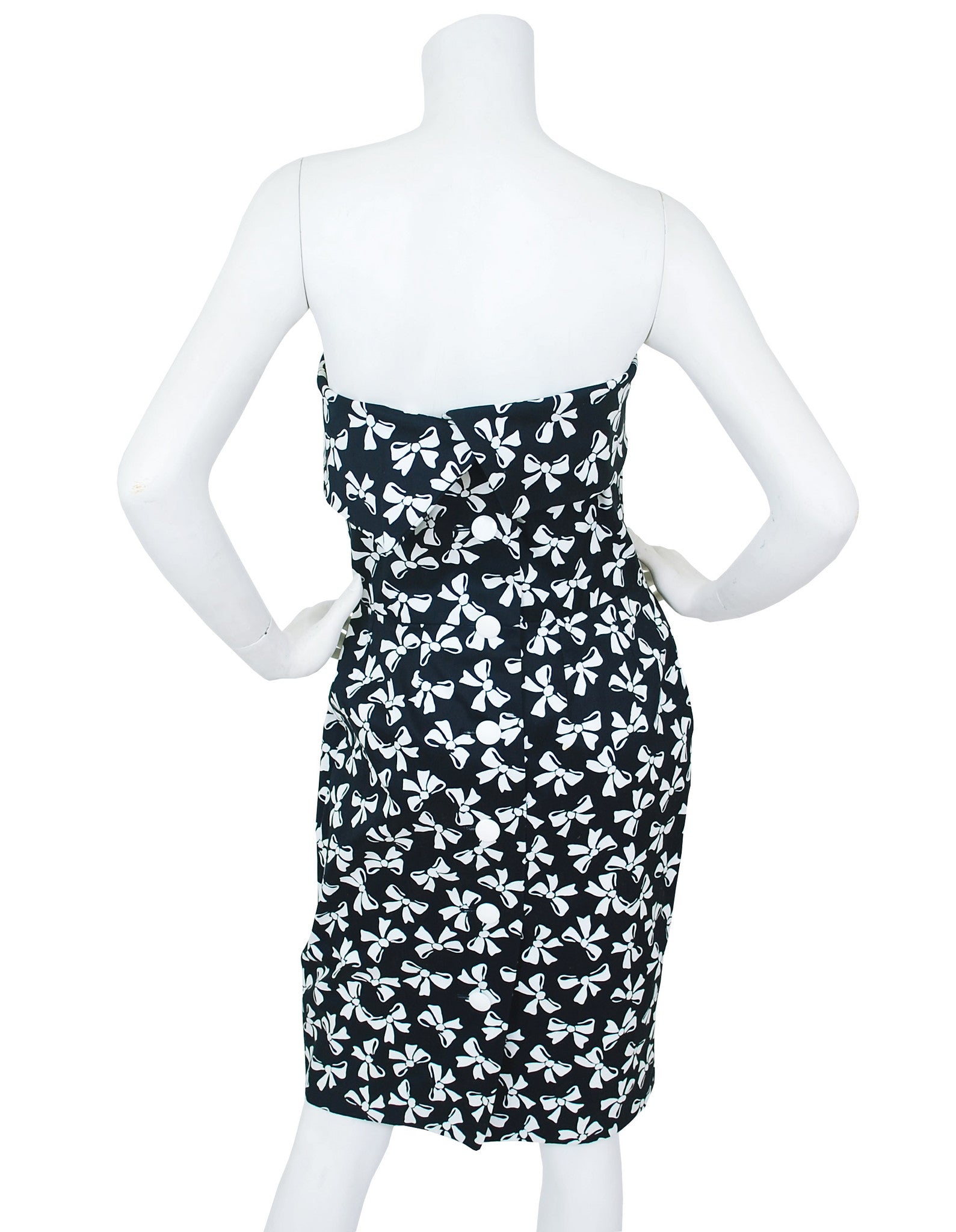 1987 S/S Documented Bow Print Black & White Cotton Strapless Dress