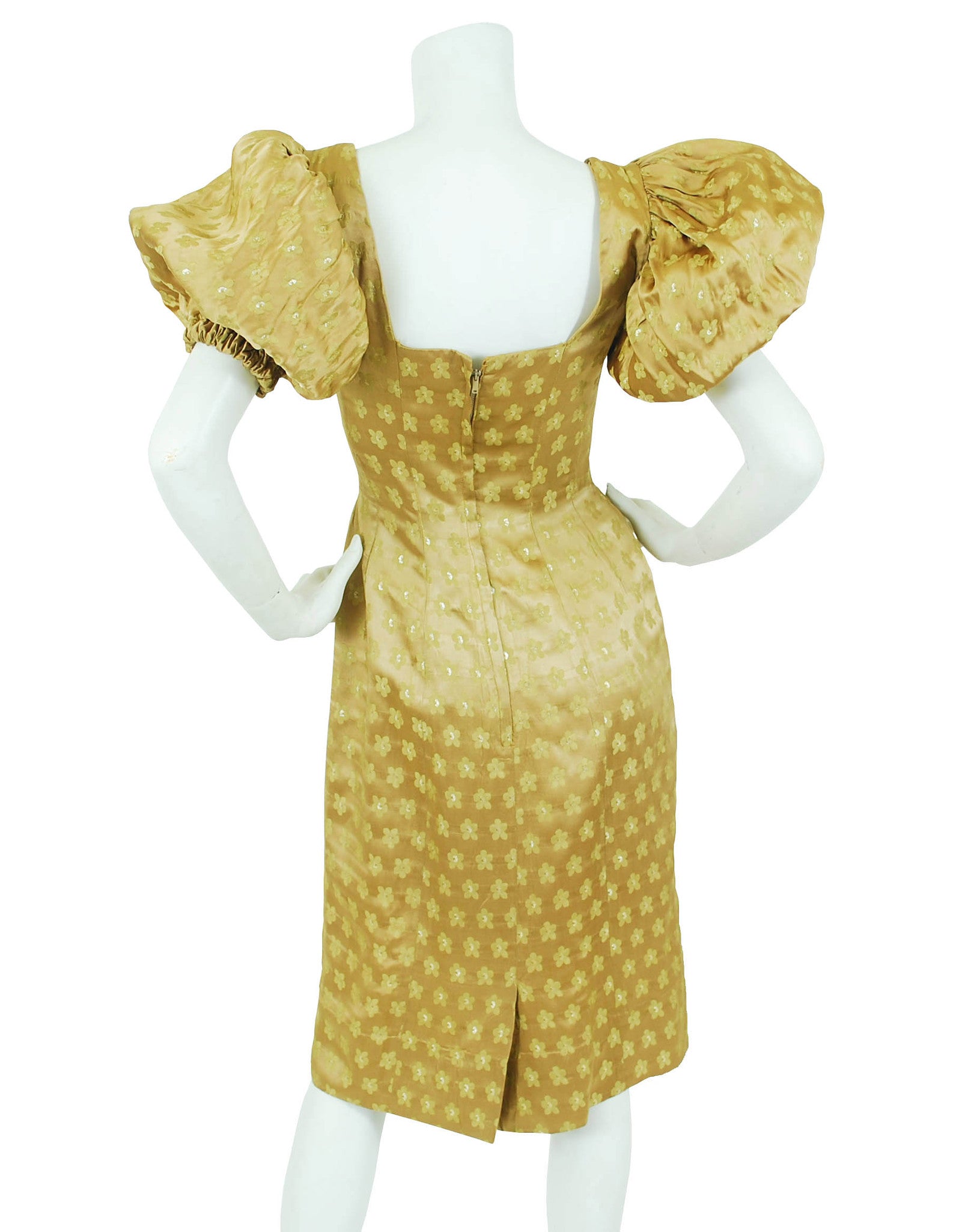 1950s Gold Silk Satin Dramatic Puff Sleeve Dress